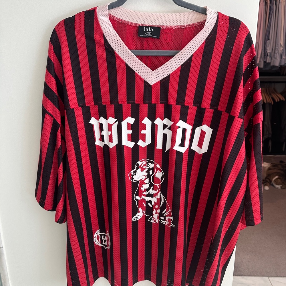 Dressed in LALA Red and Black Striped Jersey
